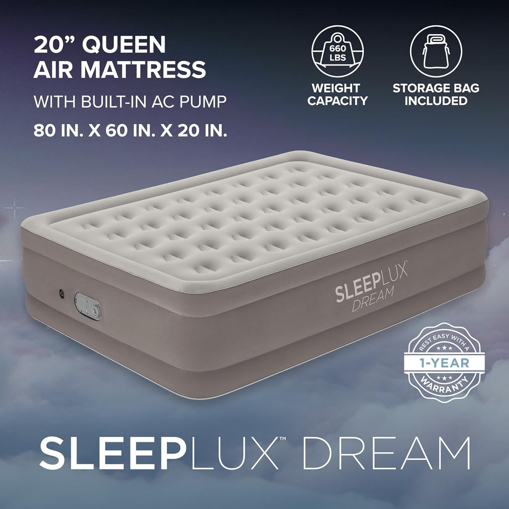 SLEEPLUX Dream Luxury Queen Air Mattress - Dual Pump, 20” Double-High Design for Guests & Camping