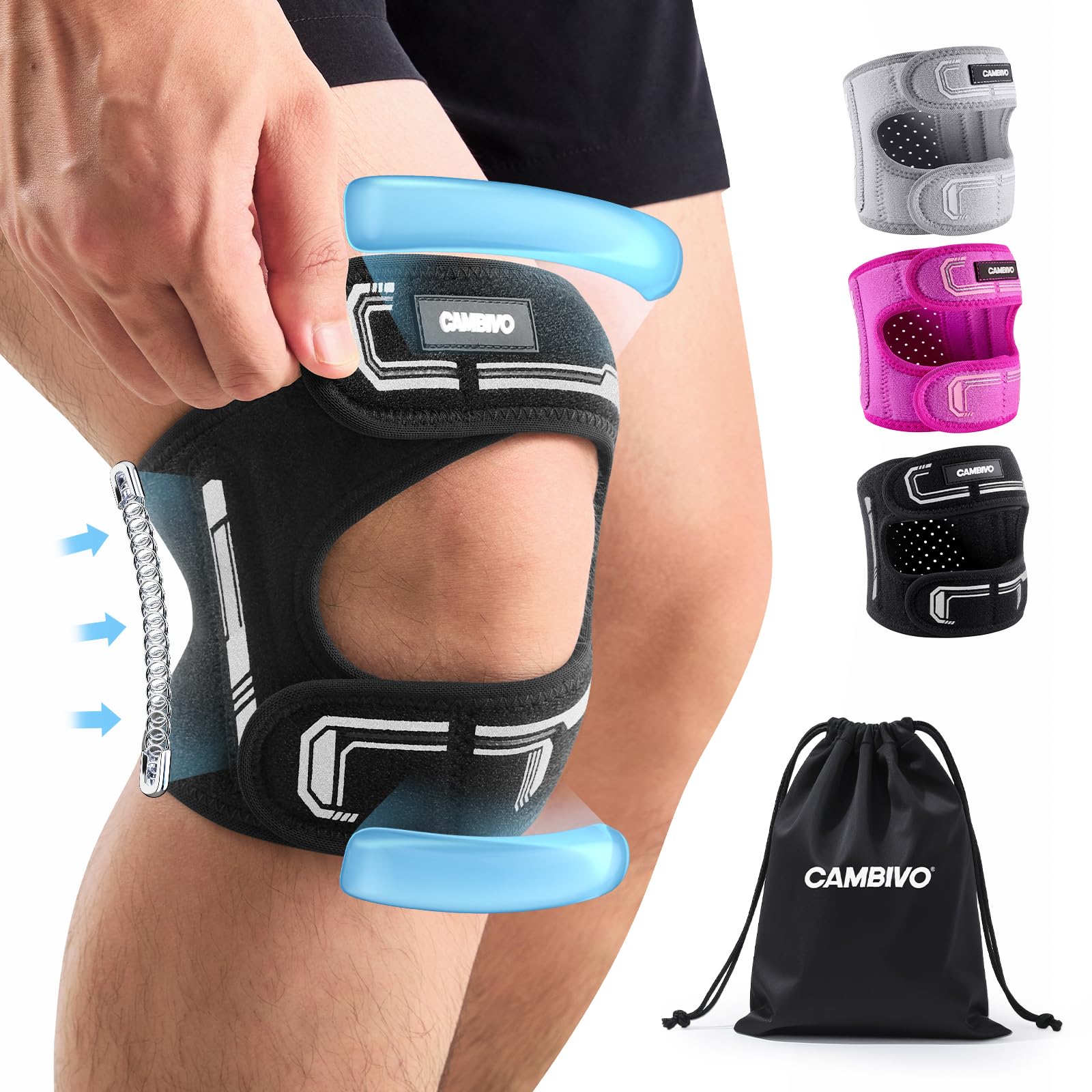 CAMBIVO Patella Tendon Support Knee Brace for Women & Men, Adjustable Knee Strap with Gel Pad & Side Stabilizers, Breathable Lightweight Knee Support for Running, Training & Daily Use (Black, S/M)