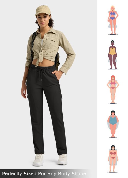Willit Women's Hiking Pants Quick Dry Cargo Pants Lightweight Water Resistant Travel Golf Pockets Black L