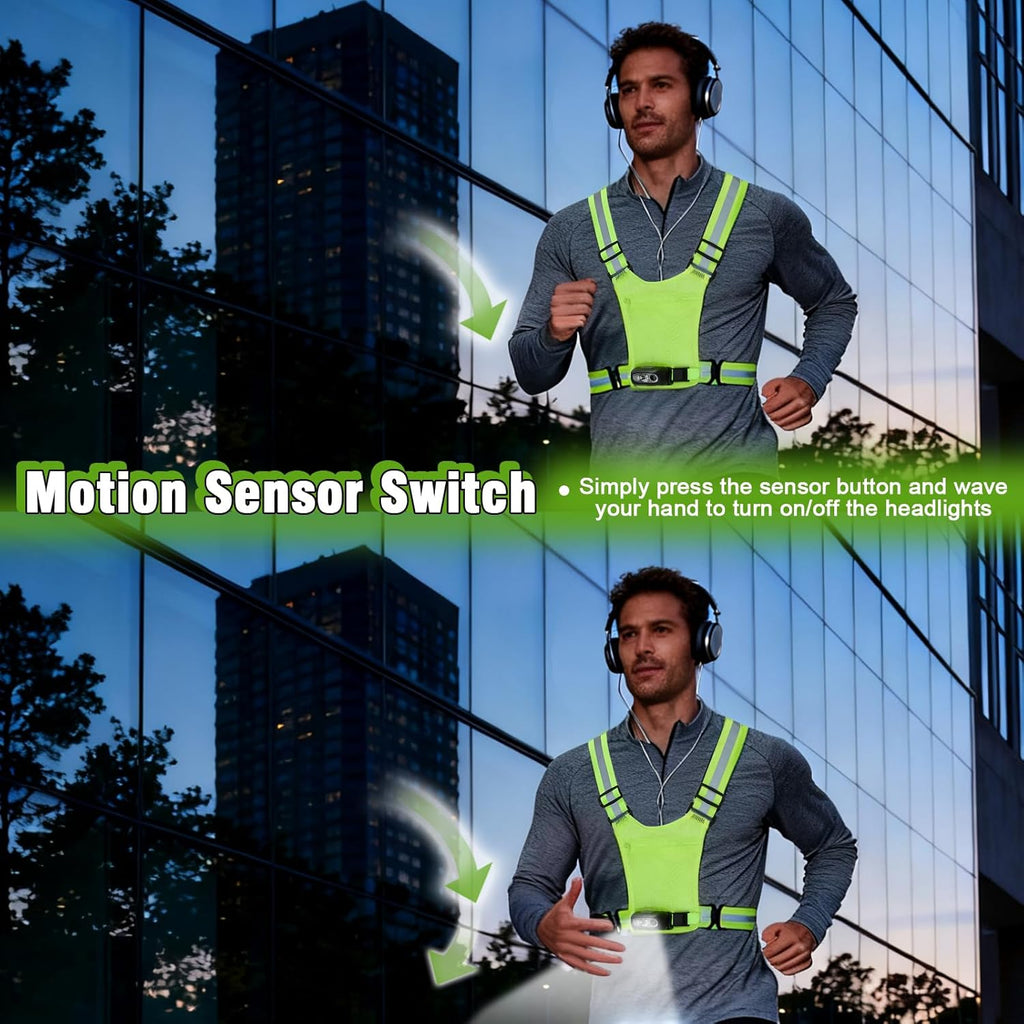 Skiennix Reflective Running Vest - 3-Mode Motion Sensor Lights & Adjustable Tilt | 360° Visibility, Green