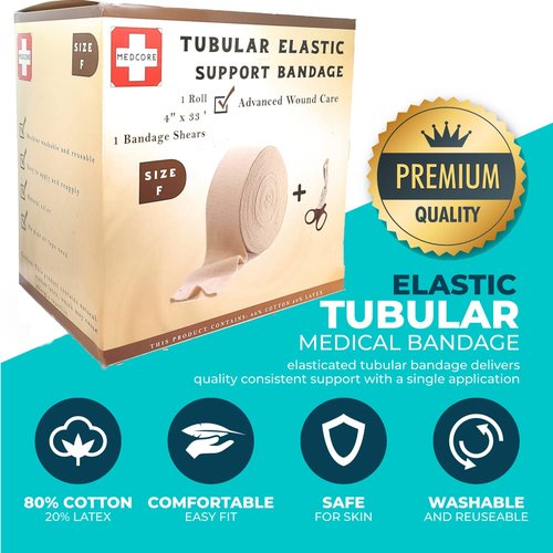 Tubular Compression Bandage Size F (4” x 33 ft) – Elastic Stockinette Support Sleeve for Large Knee, Thigh, Leg & Arm – Cut-to-Fit, Washable Reusable, No Pins/Tape – Includes Bandage Medical Scissors