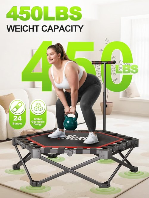 42" Foldable Mini Trampoline - 450lb Capacity Fitness Rebounder with 3-Level Adjustable T-Bar | Non-Slip Pad for Home or Gym Workouts