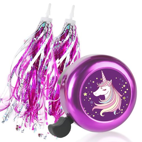 Kids Bike Bell with 2 Pcs Bike Streamers for Girls, Cute Children's Bicycle Accessories（Unicorn Bell+Tassels）