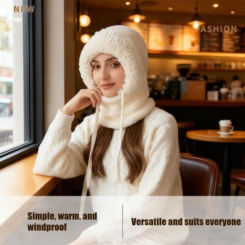 3 in 1 Beanie Hat with Scarf and Mask, Women's Outdoors Windproof Scarf Hat Winter Balaclava for Women, Warm Knitted Face Mask Hat (Black)