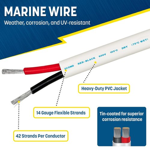 GS Power 100 Ft Marine Wire - 14 Gauge Oxygen-Free Tinned Copper Electrical Cable for Boats & RVs