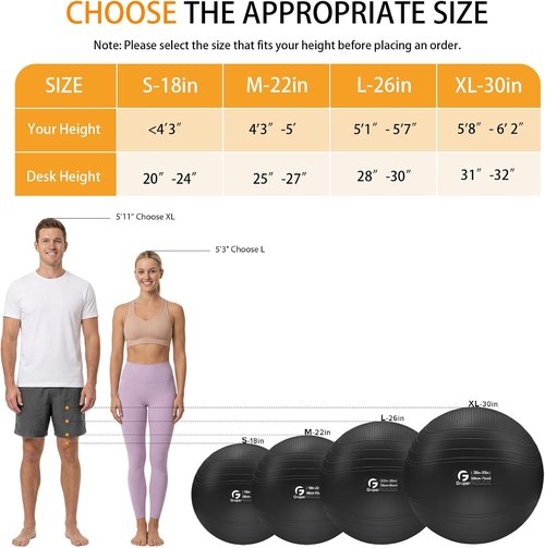 Gruper Yoga Ball - Extra Thick Non-Slip Exercise Ball for Stability & Balance | 4 Sizes with Pump & Guide