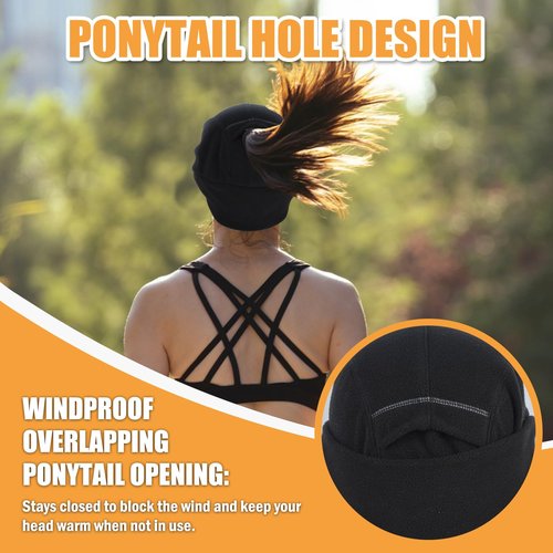 AYAMAYA Winter Running Hats for Women, Reflective Fleece Ponytail Hat with Drop Down Ear Flap for Running Hiking Black