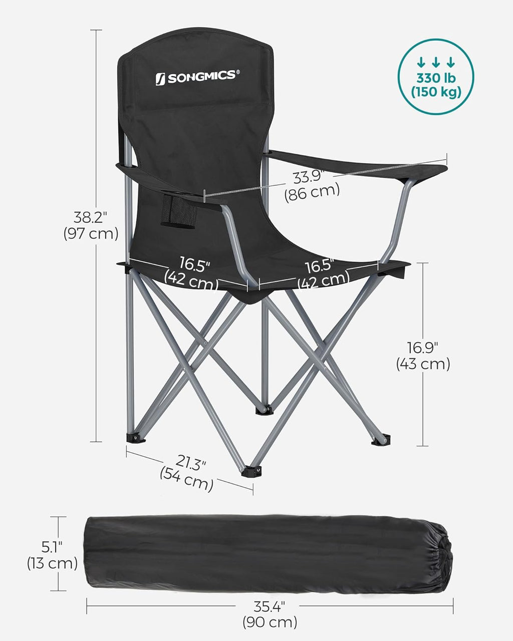 SONGMICS Folding Camping Chairs - Comfortable Heavy Duty Design | Max Load 330 lb, Black, Set of 2
