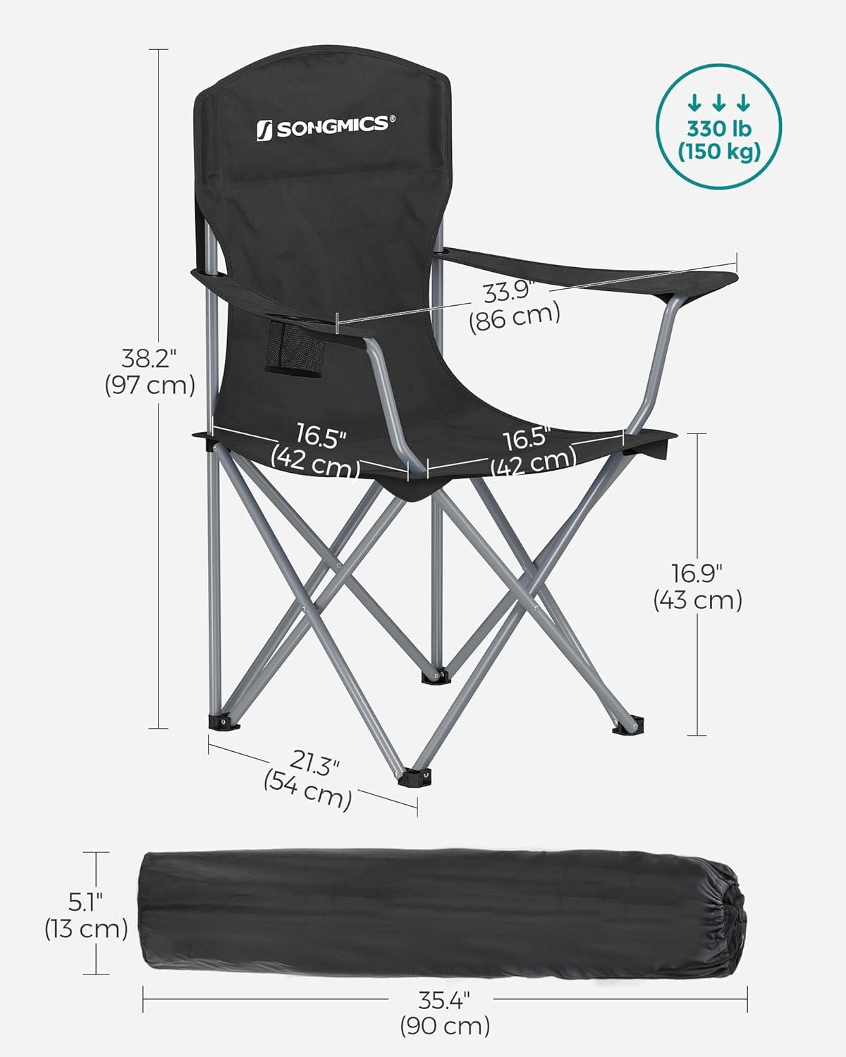 SONGMICS Folding Camping Chairs - Comfortable Heavy Duty Design | Max Load 330 lb, Black, Set of 2