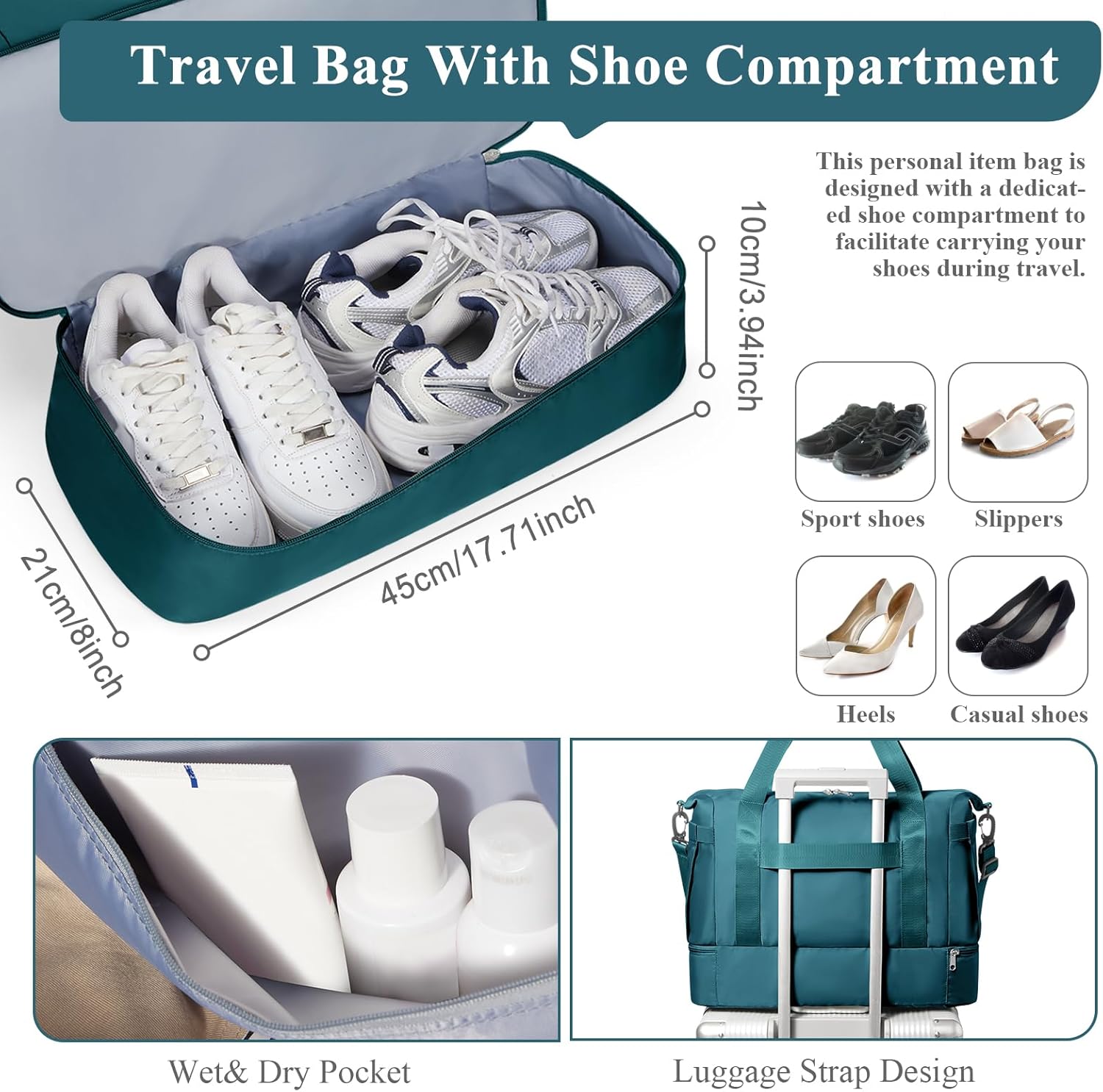 Skiennix Travel Duffel Bag - Stylish Overnight Weekender with Shoes Compartment | Peacock Blue