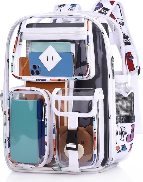 Clear Backpack by [Brand Name] - Heavy Duty PVC for Stadium, Travel & Work | Dual Zippered Compartments & Mesh Pockets (White)