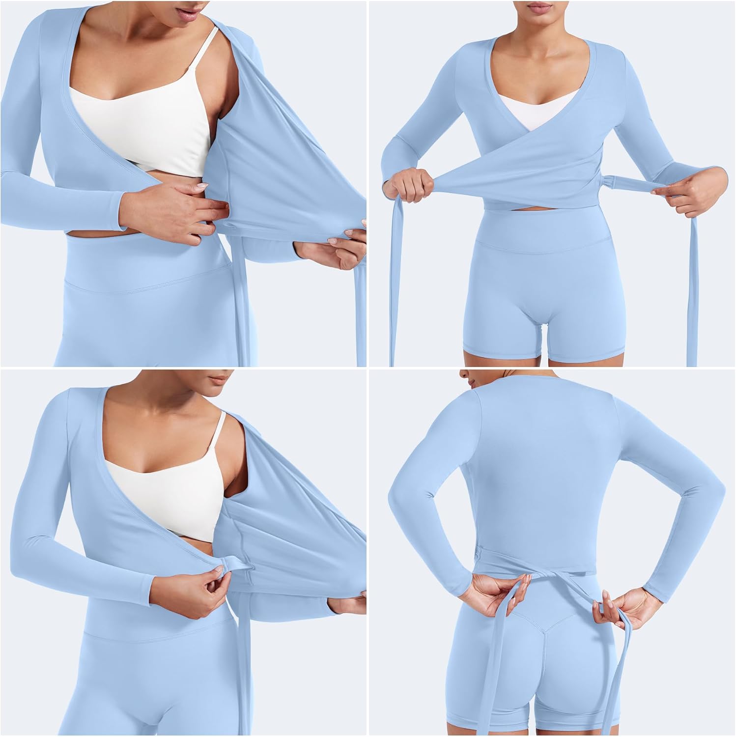 YEOREO Women's Pilates Wrap Top - Long Sleeve Tie Ballet Yoga Shirt | V-Neck Cropped Design