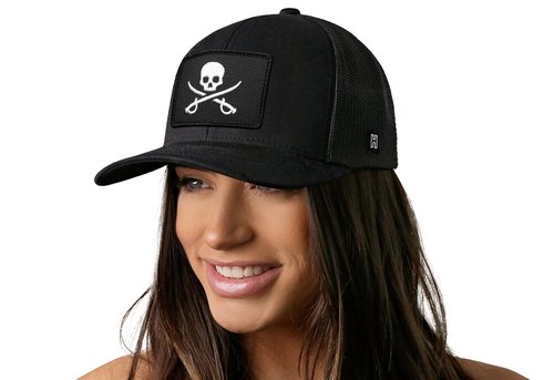 HAKA Jolly Roger Flag Black Trucker Hat – Jolly Roger Mesh Snapback Cap for Men, Women & Golf, Pirate Flag Design Baseball Dad Hat
