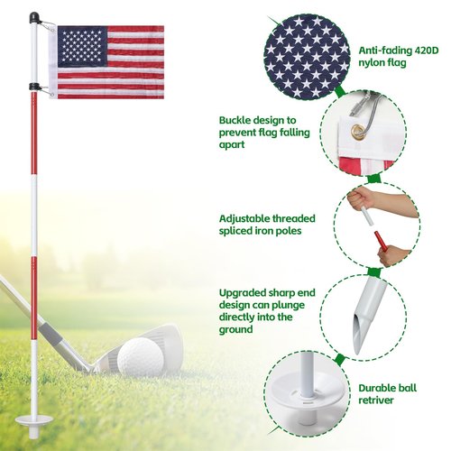 Golf Flagstick 6ft, Double-Side American Flag for Putting Green, Portable 5-Section Design for Backyard Practice, Golf Pin USA Flag for Driving Range