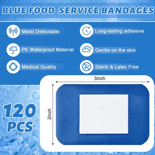 Geiserailie 120 Pcs Food Service Blue Detectable Bandage Woven Fingertip Waterproof Flexible Bandages Non-Stick Pad Latex Free Catering First Aid Kit Wound Care and Protection (2" X 3",Rectangle)
