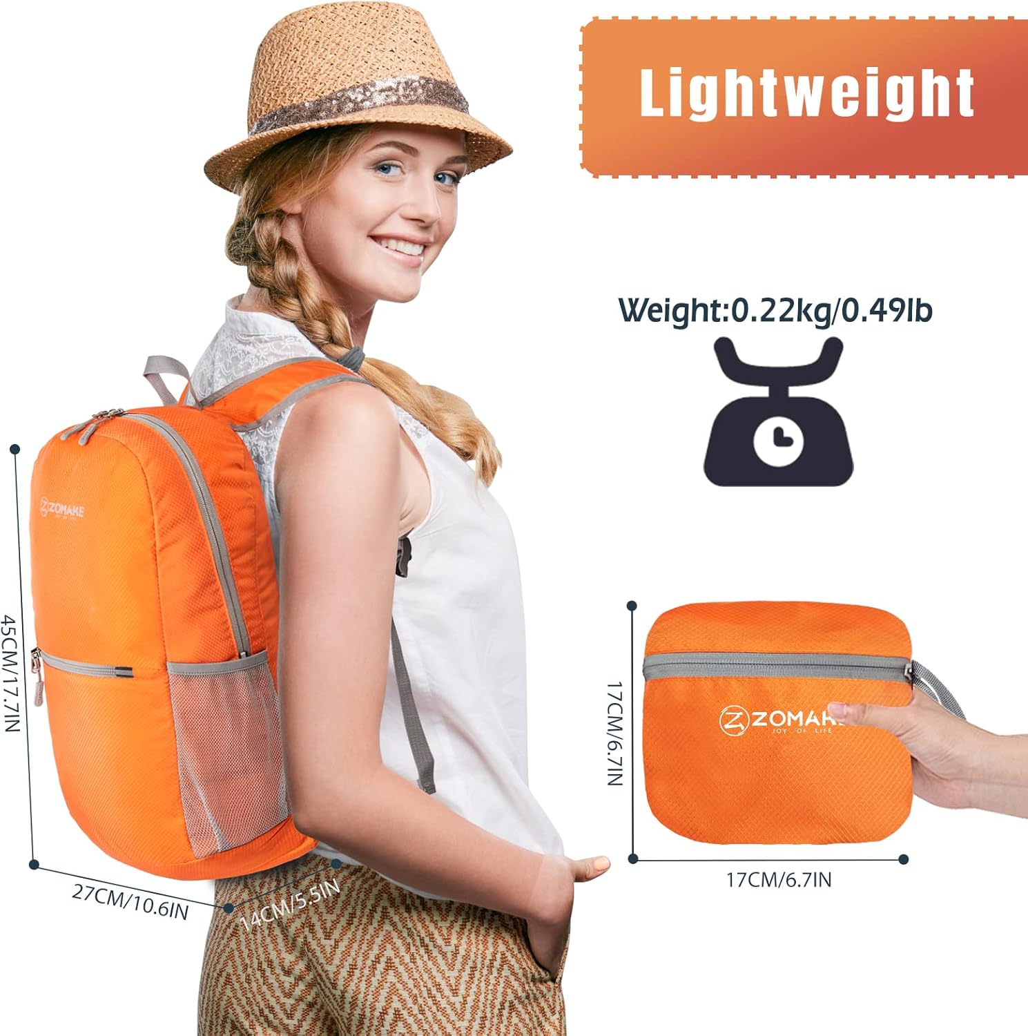 ZOMAKE Ultra Lightweight Hiking Backpack - 20L Packable Water-Resistant Daypack for Men & Women | Orange