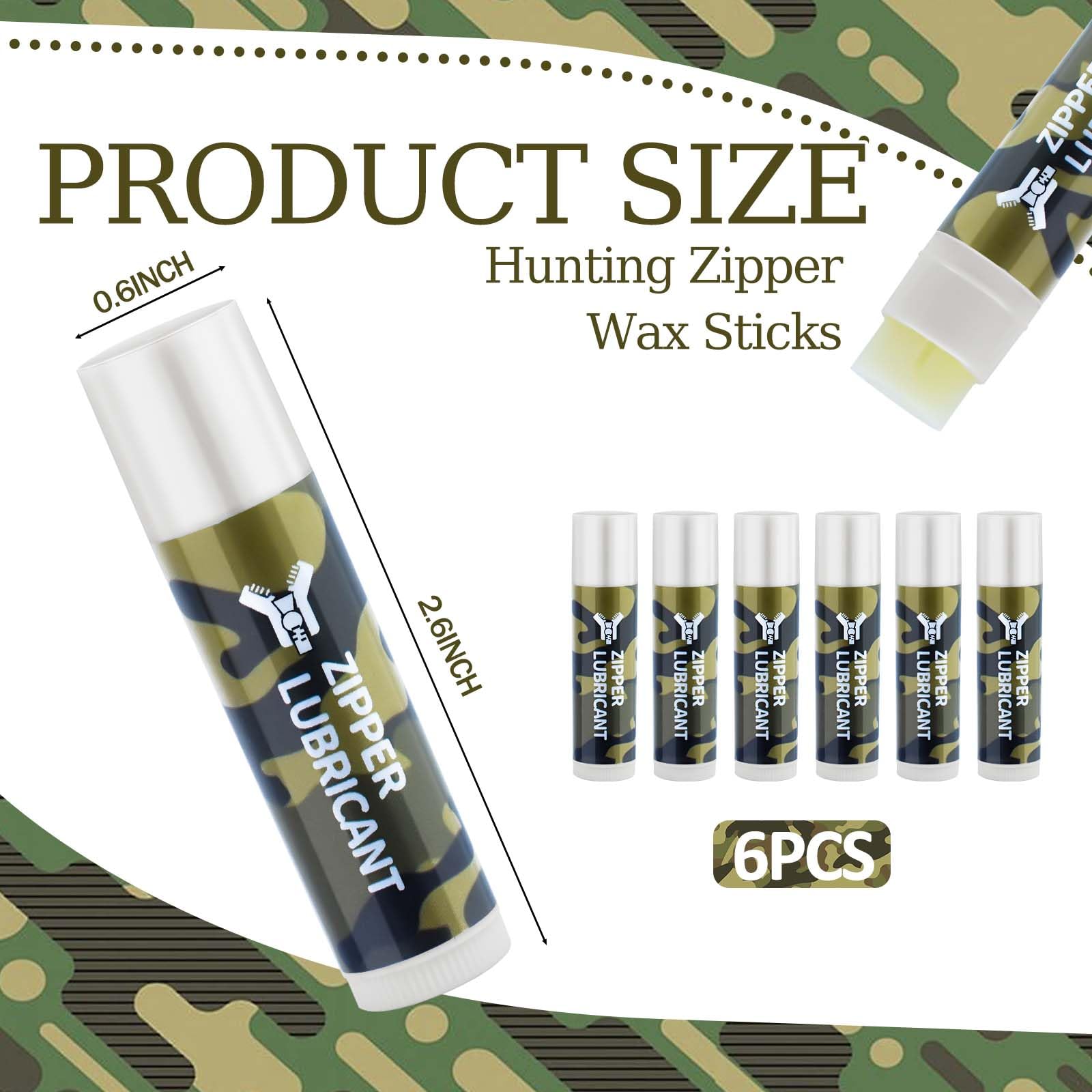 6Pcs Hunting Zipper Wax Sticks Portable Snap Lubricant Sticks Camouflage Snap Stick Zipper Lubricant Zipper Lube for Hunting Clothing Backpacks Tents Wetsuits Drysuits