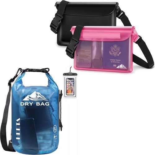 HEETA Waterproof Dry Bag - 5L Transparent Blue with 2-Pack Waterproof Pouches & Adjustable Waist Strap (Black & Pink)