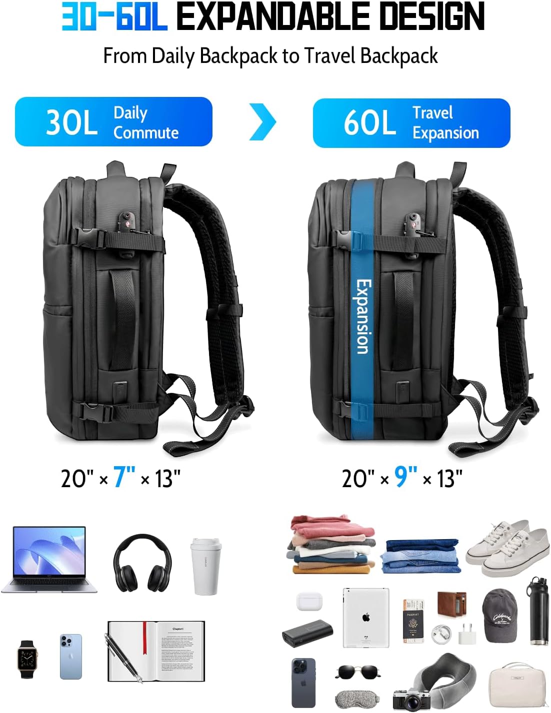 Zurligi Vacuum Backpack - Expandable 30-70L Compression Travel Bag with Pump & USB Charge Port | Black
