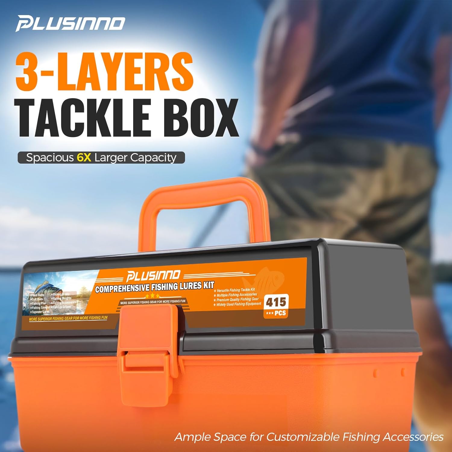 PLUSINNO Large Fishing Tackle Box - 3 Layers with 415Pcs Lures, Pliers & Accessories | Ideal Gift for Men