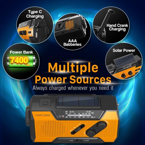 FosPower NOAA Emergency Weather Radio - Portable AM/FM Radio with USB/Solar/Hand Crank Charging | SOS Alarm & Flashlight - Orange