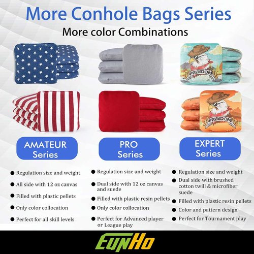 EunHo Cornhole Bags - Set of 8 Regulation Size All-Weather Bean Bags with Carry Case