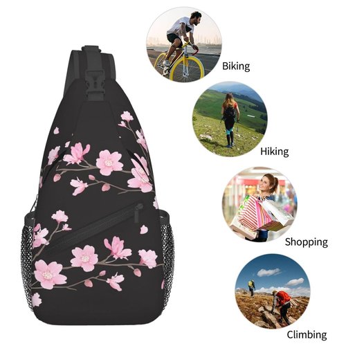 SURERUIM Cherry Blossom Sling Bag Abstract Japanese Pink Flowers and Petals on Branch Crossbody Backpack Cute Floral Print Chest Shoulder Bag Casual Sports Travel Hiking Daypack for Women Men