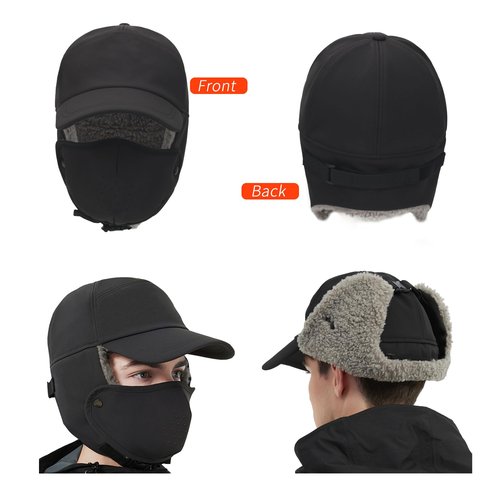 Trapper Hat for Men Women Waterproof Winter Warm Baseball Cap with Ear Flaps and Mask Black
