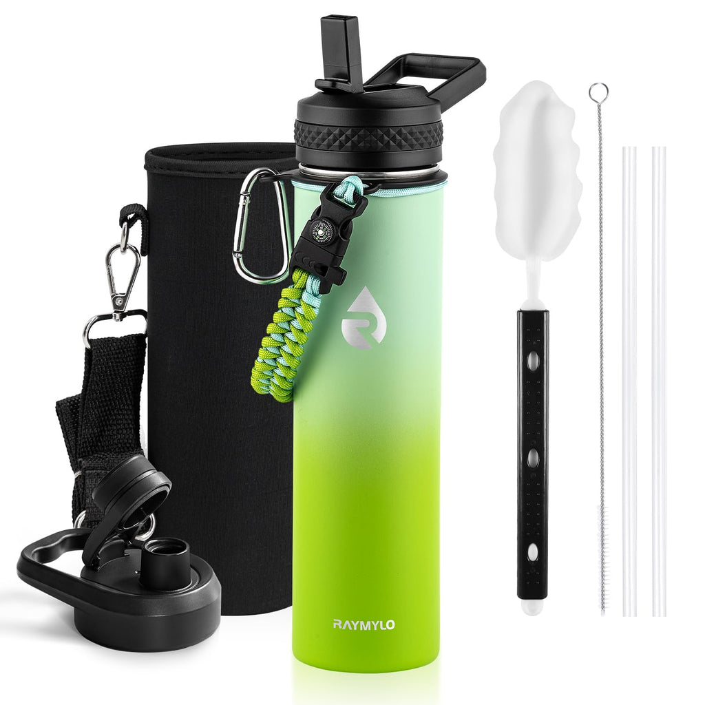 RAYMYLO Insulated Water Bottle 24 oz, Triple Wall Vacuum Stainless Steel (Cold for 24Hrs, Hot for 12Hrs), Leak Proof & Non-BPA, Modern Water Flask Jug with Paracord Handle & Straw Spout Lids