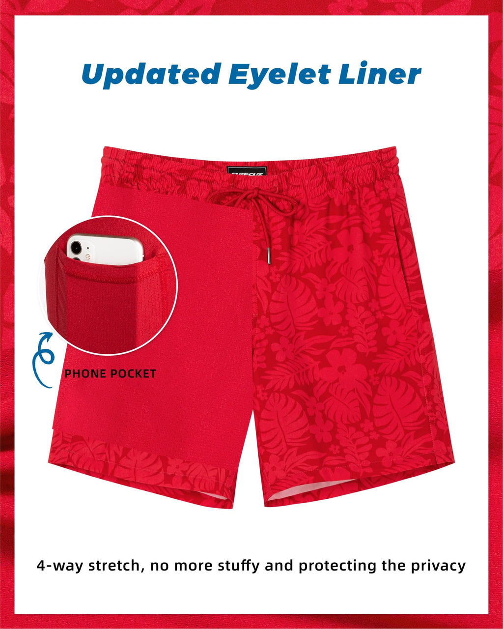 SURF CUZ Mens Swim Trunks with Compression Liner Quick Dry Swim Shorts 7" Swimming Trunks Stretch Zipper Pockets,Red Leaves,L