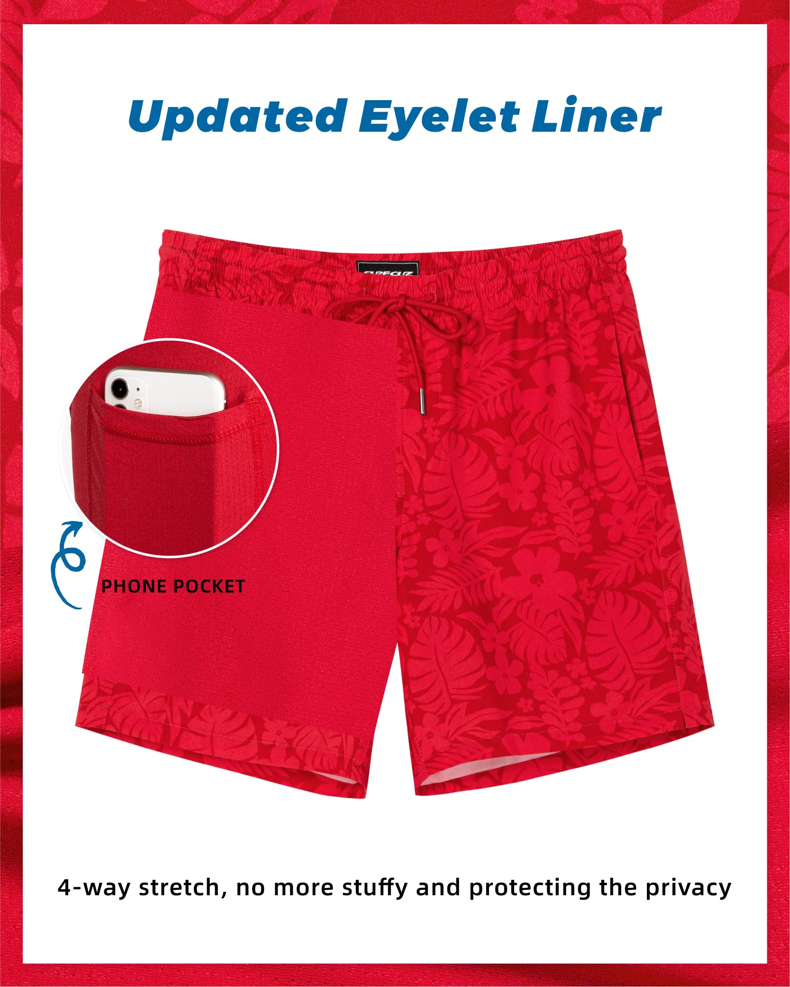 SURF CUZ Mens Swim Trunks with Compression Liner Quick Dry Swim Shorts 7" Swimming Trunks Stretch Zipper Pockets,Red Leaves,L