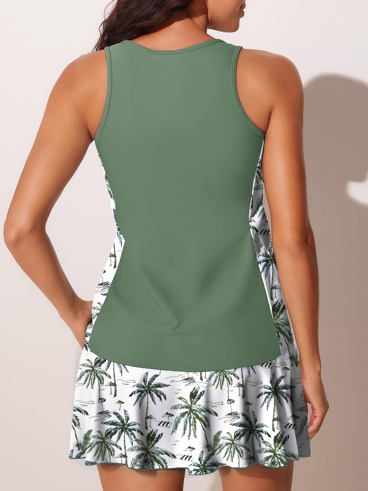 Summer Mae Blouson Tankini Swimsuits for Women 2026 Modest Tummy Coverage Bathing Suits with Skirt and Built-in Shorts Sandy Shore Palms Size 12