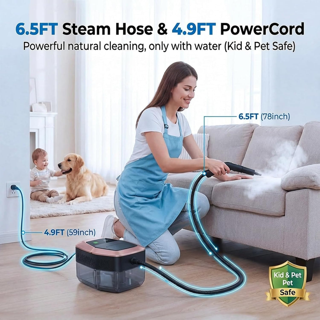 Skiennix Steam Cleaner - 3 Level Adjustable Pressurized Handheld Steamer | 10s Heat-Up, 1.9 Qt Tank for Home & Car Cleaning