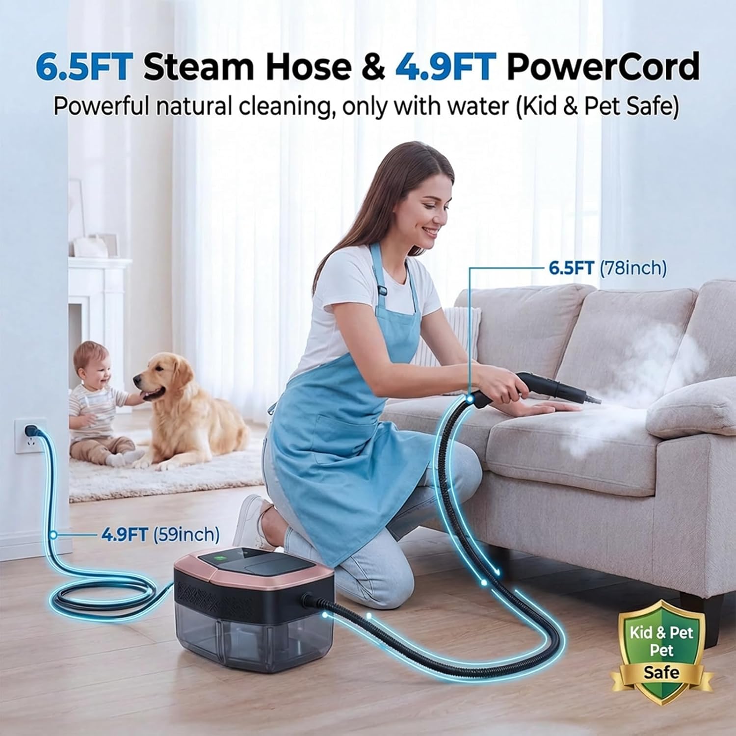 Skiennix Steam Cleaner - 3 Level Adjustable Pressurized Handheld Steamer | 10s Heat-Up, 1.9 Qt Tank for Home & Car Cleaning