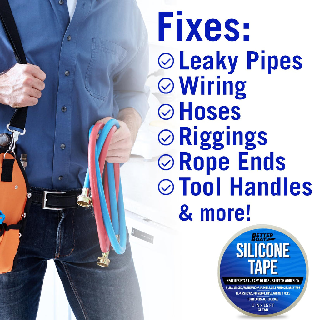 Better Boat Self Fusing Silicone Tape Waterproof Clear, Plumbing Tape for Leaks, Hose and Pipe Repair Tape, 1 in x 15 ft