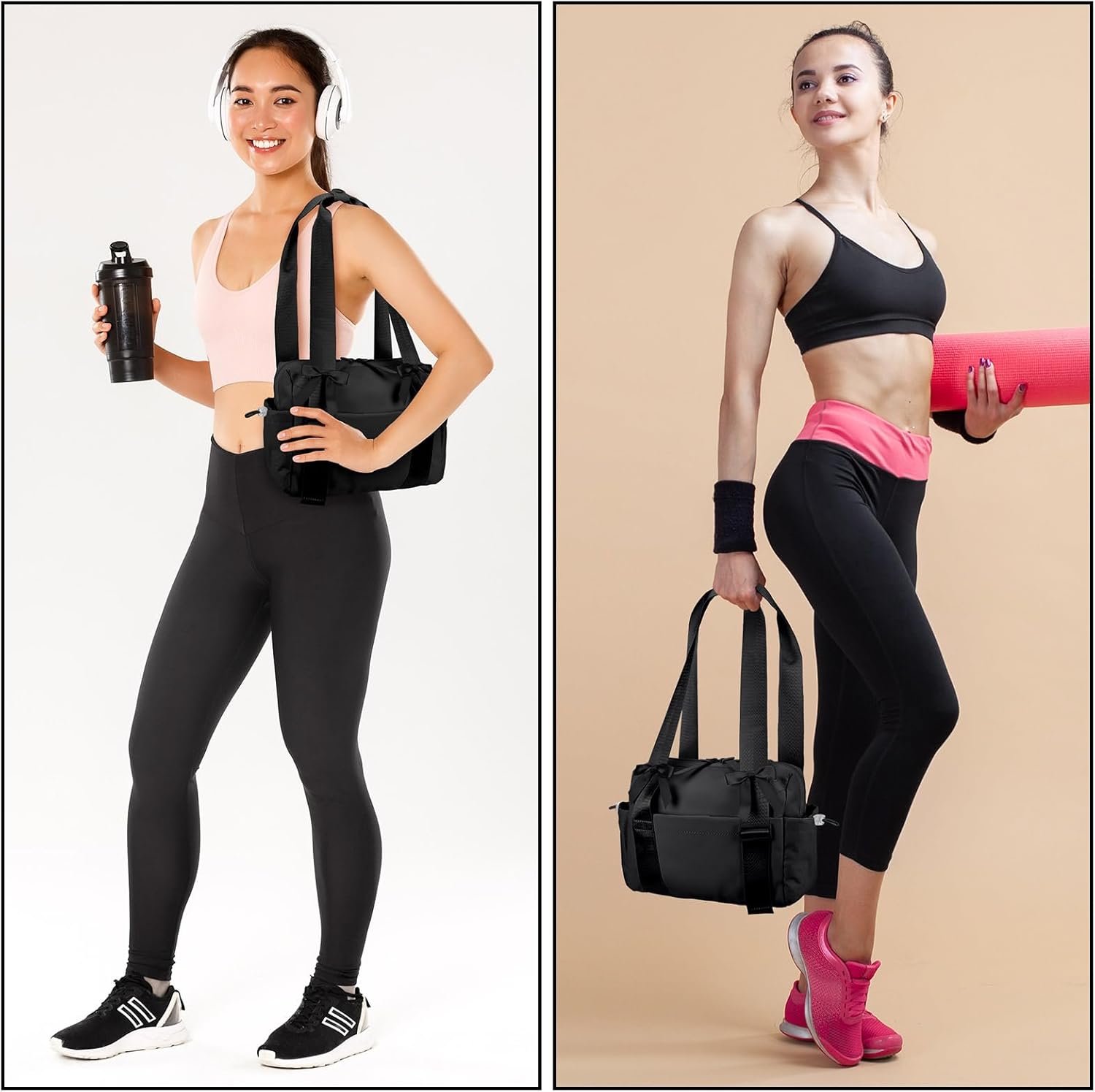 Skiennix Mini Gym Bag for Women - Stylish Black Coquette Duffle with 5 Bow Accessories | Perfect for Travel & Yoga