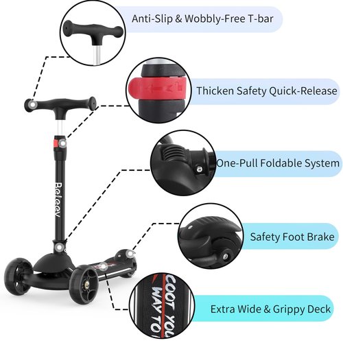 BELEEV Kids Scooter with LED Light-Up Wheels & Deck, 3 Wheel Folding Scooter for Toddlers Girls Boys Ages 3-12, Adjustable Handlebar, Lean to Steer, Extra Wide Wheel, Kick Scooter for Children (Black)