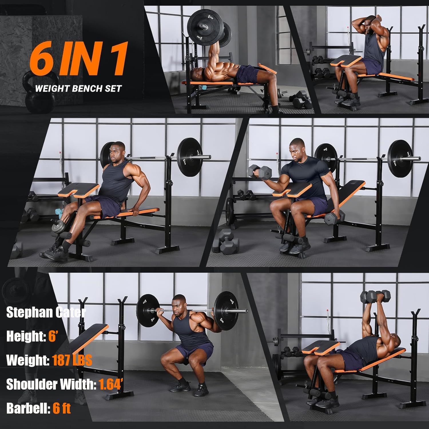 YOLEO 6 in 1 Weight Bench Set for Home Gym, Adjustable & Foldable Weight Bench, Workout Bench with Squat Rack for Bench Press Sit up Incline Flat Decline