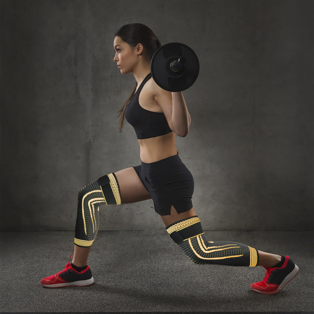 Ruilaibao Long Copper Knee Braces for Women and Men Full Leg Compression Sleeves Anti Sliping Ventilation Long Knee Support with Wraps for ACJ, PCL, Meniscus Tear, Arthritis (Copper, Medium)