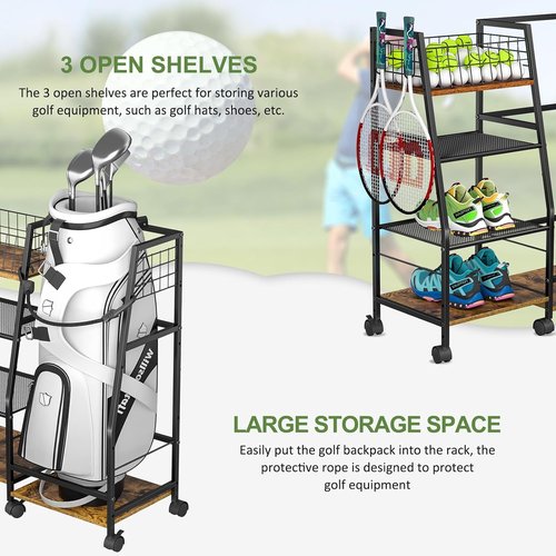 Golf Bag Garage Storage Rack - Sturdy Wood & Metal Organizer with Wheels for Single Bag | Black