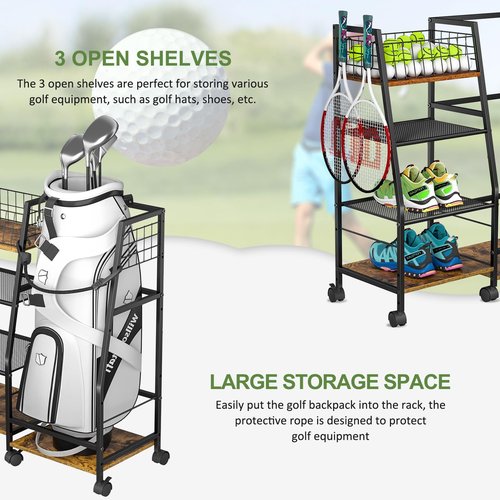 DAOUTIME Golf Bag Garage Storage Rack with Wheels, Organizer for Single Golf Bag and Equipment Accessories, Ideal for Home, Garage, Club, Shed, Basement - Sturdy Wood and Metal Construction (Black)