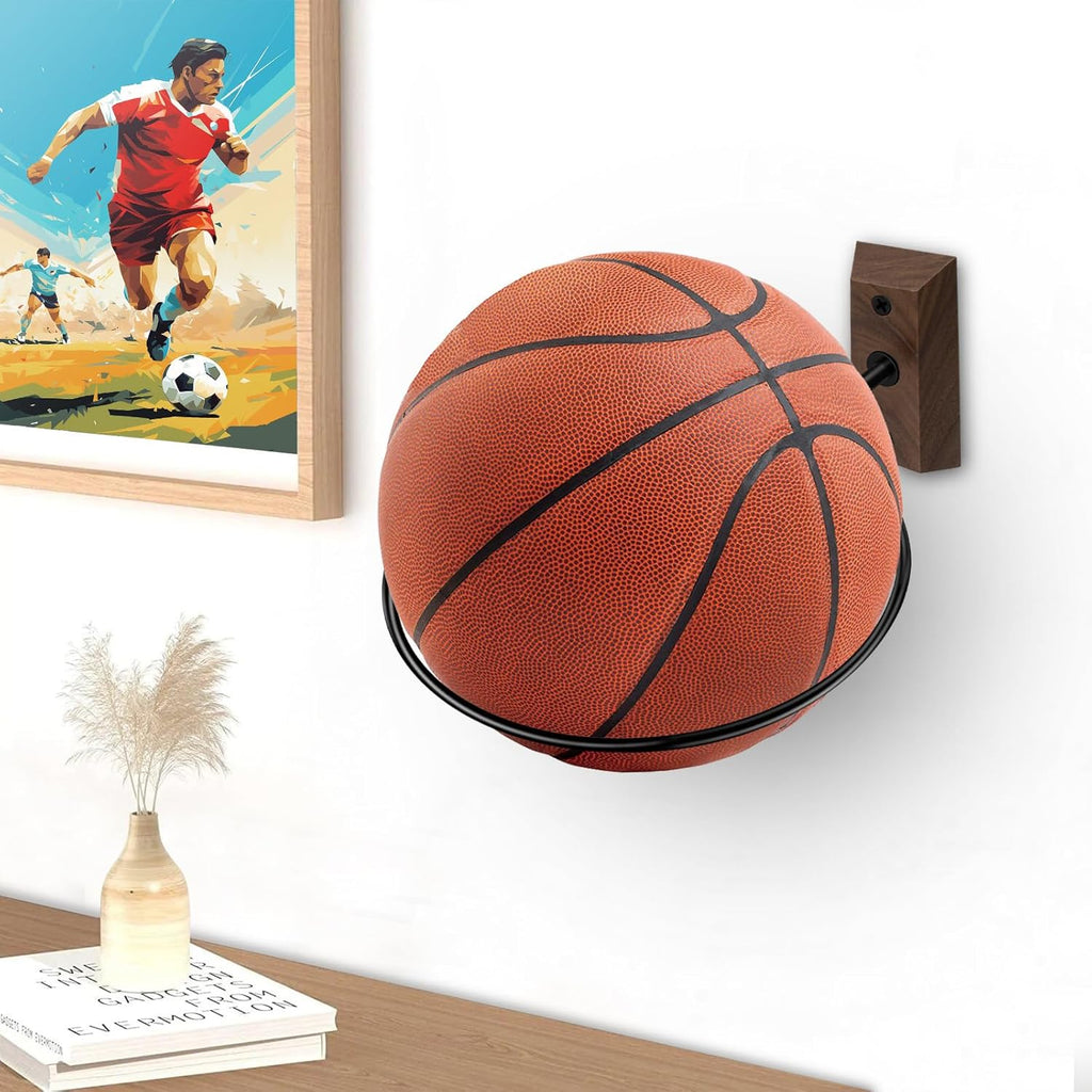 Skiennix Basketball Holder Wall Mount - 7-Inch Solid Black Walnut Base & Metal Ring | Sports Display Rack