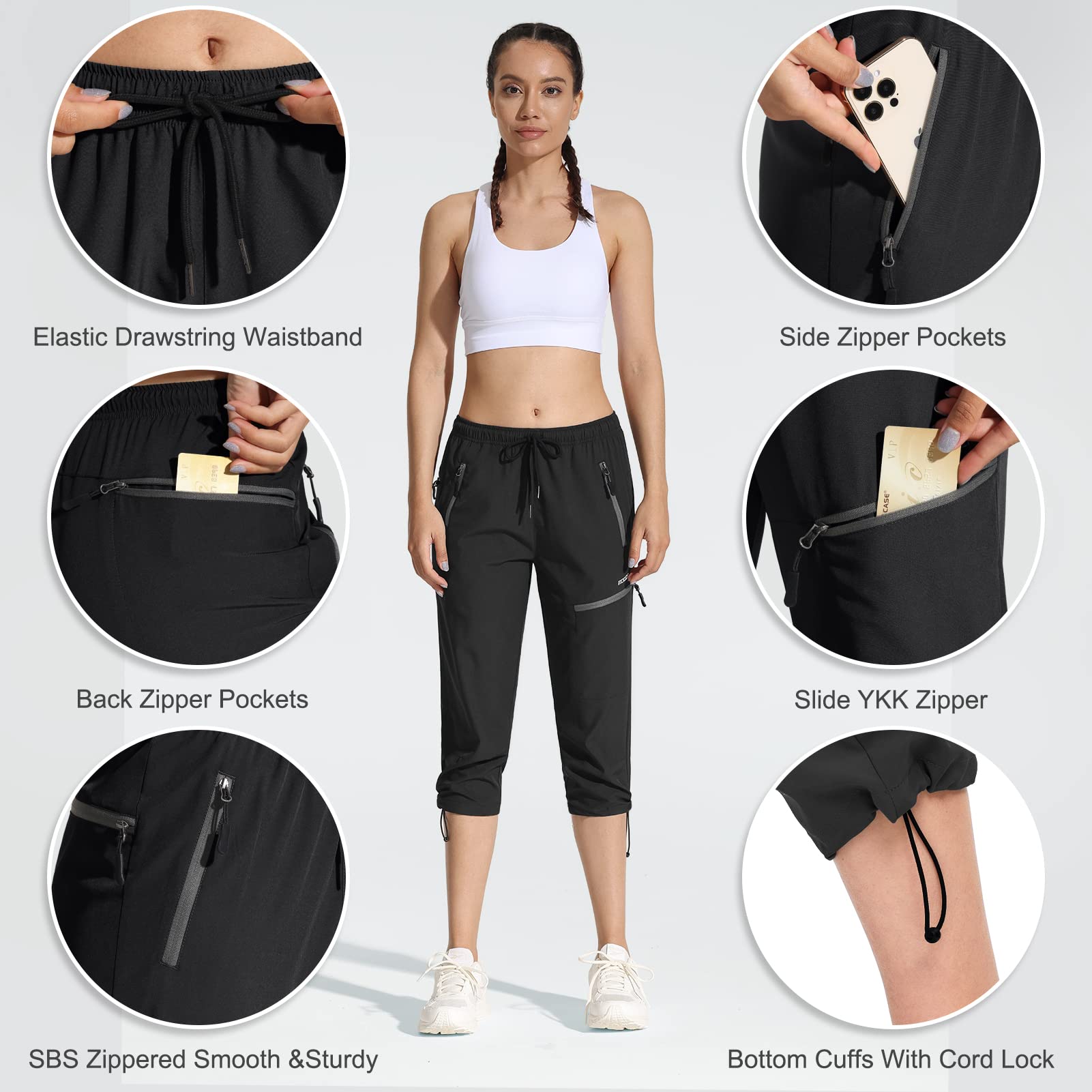 MOCOLY Women's Hiking Capris Pants Outdoor Lightweight Quick Dry Water Resistant UPF 50 Cargo Pants with Zipper Pockets 2 Pack