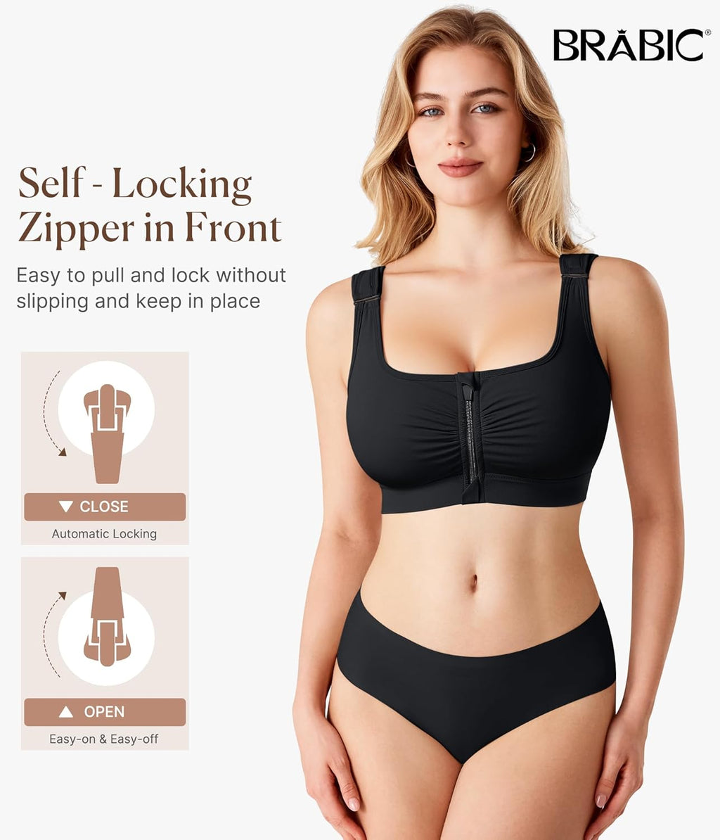 BRABIC Zip Front Closure Bra - Post-Surgery Compression Support | Full Coverage, Adjustable Straps