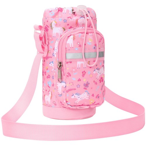 BrainyBees Water Bottle Holder for Kids - Water Bottle Carrier with Zipper Pocket & Strap, Crossbody Sling Bag Fits 10-18 oz, Protective Sleeve for School Hiking, Pink Unicorn