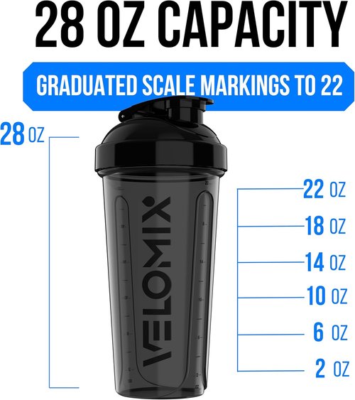 **VELOMIX Protein Shaker Bottles - 28 oz Leak Proof with 2x Wire Whisk | 2 Pack (Black/Transparent)**