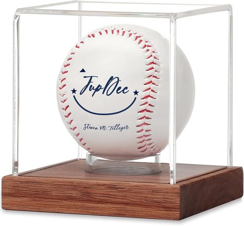 JupDec Baseball Display Case - Clear Cube Holder with Wooden Base for Autographed Balls | Acacia Wood, Brown