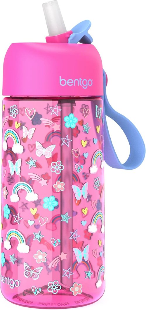 Bentgo Kids Water Bottle - Leak-Proof, Durable Tritan BPA-Free 15 oz Cup for Ages 3+ | Bite & Sip Spout, Dishwasher Safe (Rainbows & Butterflies)