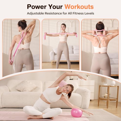 Vanlgs Pilates Kit 13Pcs Home Pilates Essentials Workout Kit with 13" Ring, 10" Ball and Resistance Bands for Women at Home Pilates Equipment Set for Beginners（Pink）