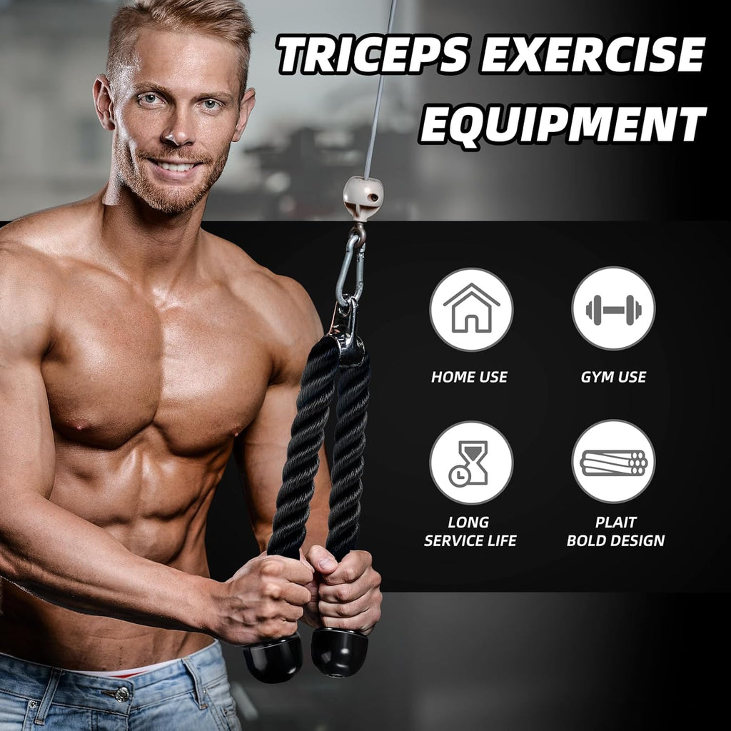 Tchrules Universal Tricep Rope - 27 Inch Heavy Duty Non-Slip Cable Attachment for Gym Workouts